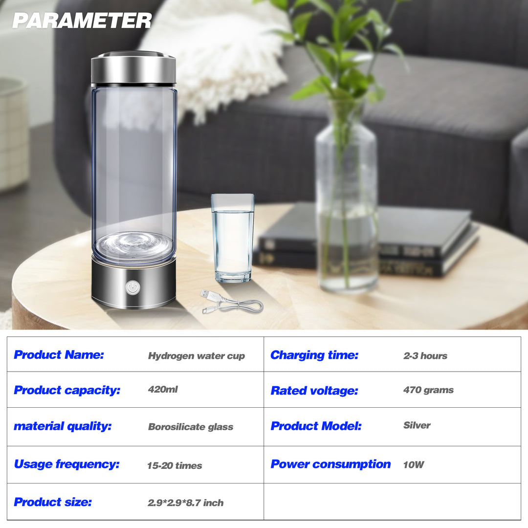 Glass Hydrogen Water Bottle - Portable SPE PEM Technology - Rich Hydrogenated Water - 1600ppb in 3 minutes 💧☀️