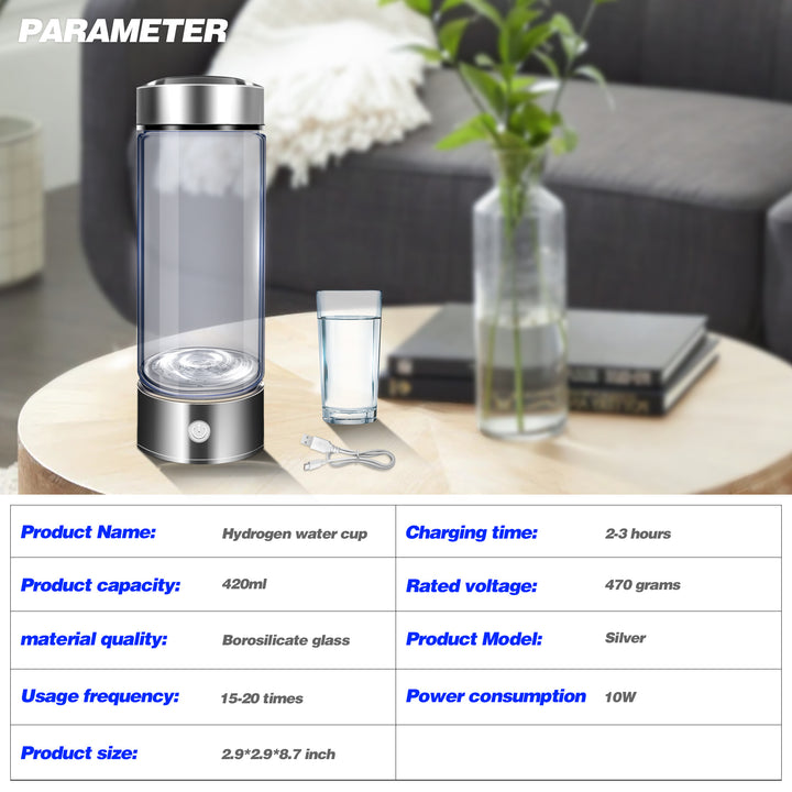 Glass Hydrogen Water Bottle - Portable SPE PEM Technology - Rich Hydrogenated Water - 1600ppb in 3 minutes 💧☀️