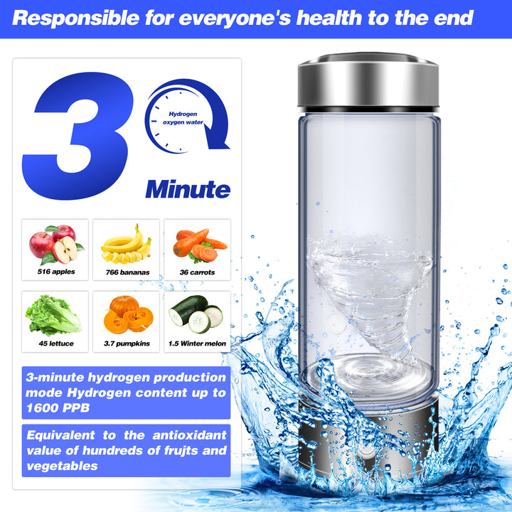 Glass Hydrogen Water Bottle - Portable SPE PEM Technology - Rich Hydrogenated Water - 1600ppb in 3 minutes 💧☀️