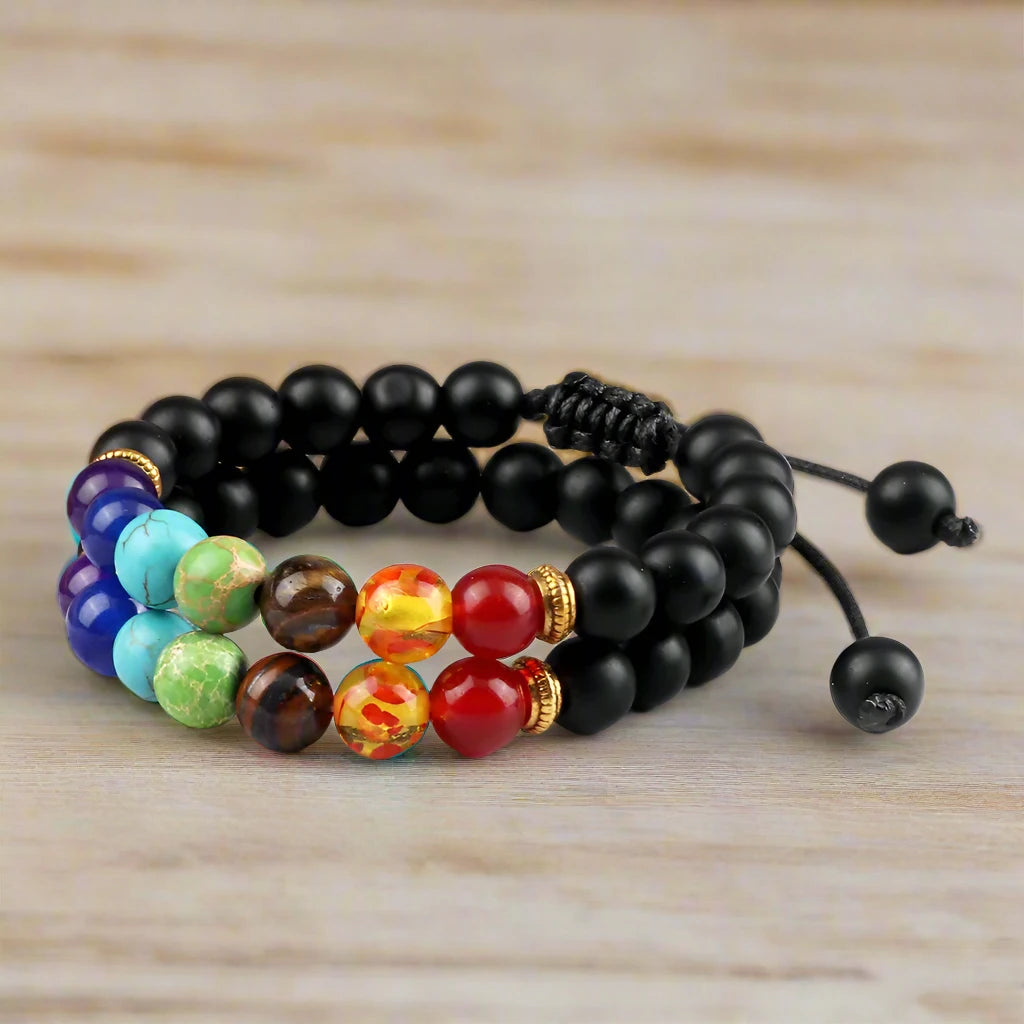 2Pcs Natural Stone 7 Chakra Unisex Beaded Adjustable Braided Bracelets